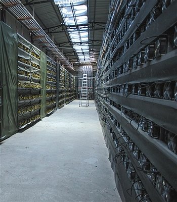 Large-scale cryptocurrency mining farm with rows of mining machines operating under optimal conditions