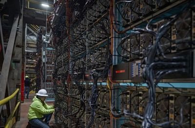 A vast mining farm with rows of high-powered mining rigs humming efficiently.